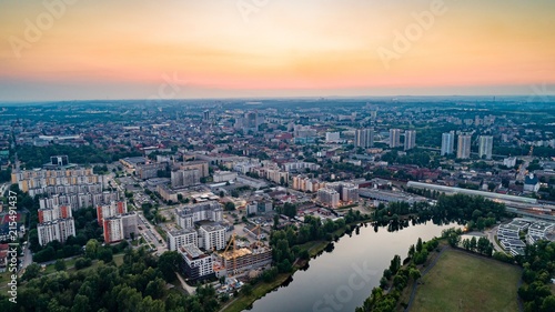 Aerial drone view on Katowice at evening © Daniel Jędzura