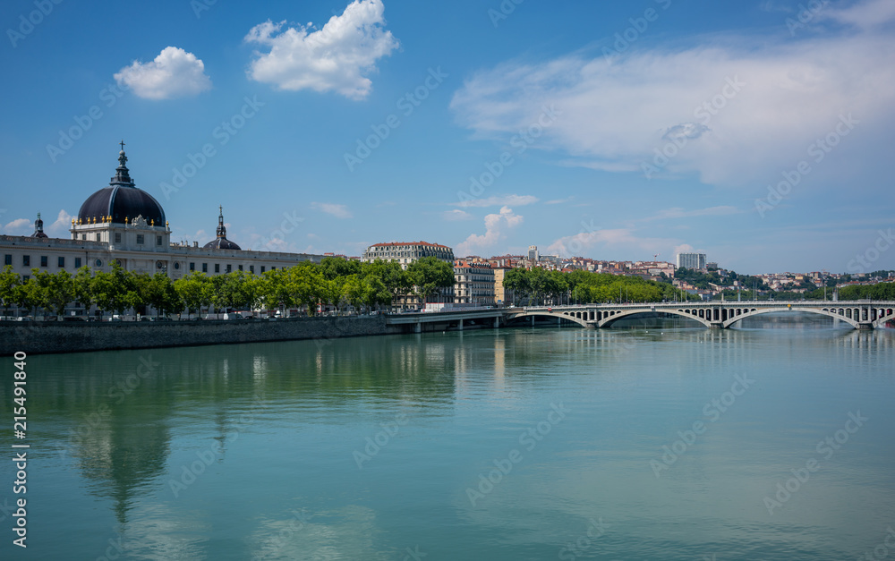 Rhone river with Grand Hotel Dieu after 2018 renovation in Lyon France