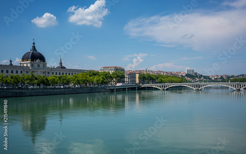 Rhone river with Grand Hotel Dieu after 2018 renovation in Lyon France © Keitma