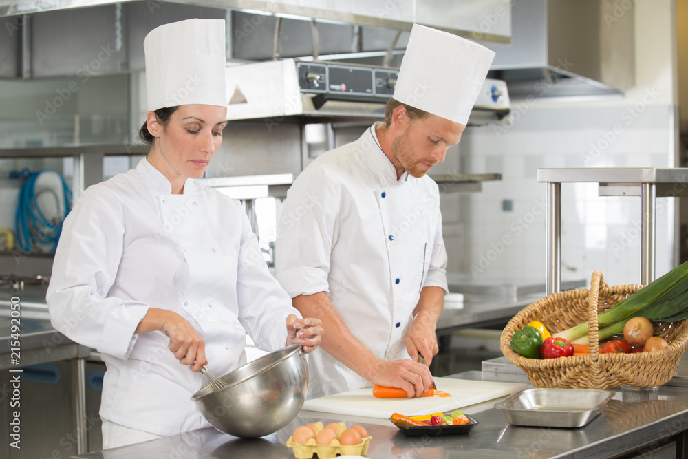man and woman chefs cooking food at restaurants kitchen man and woman chefs cooking food at restaurants kitchen