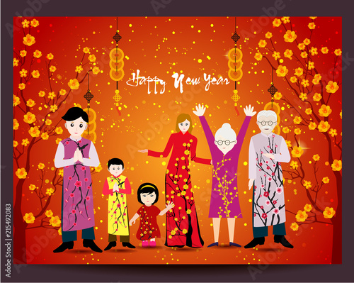 Happy  Chinese New Year with happy family and long dress.