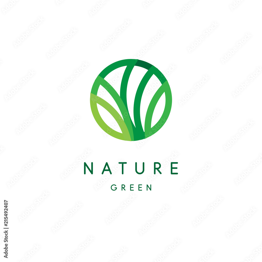 Nature logo, green tropical leaves icon, line stylized, round emblem, modern design, tree foliage logotype template Nature logo, green tropical leaves icon, line stylized, round emblem, modern design, tree foliage logotype template