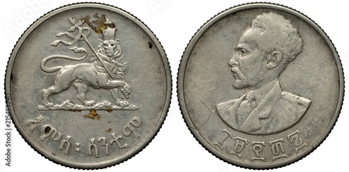 Ethiopia Ethiopian silver coin 50 fifty cents 1944, lion holding standard with ribbons, bust of Emperor Haile Selassie left, 