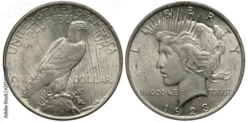 United States silver coin 1 one dollar 1923, eagle in sunrays, Liberty head left, date below,