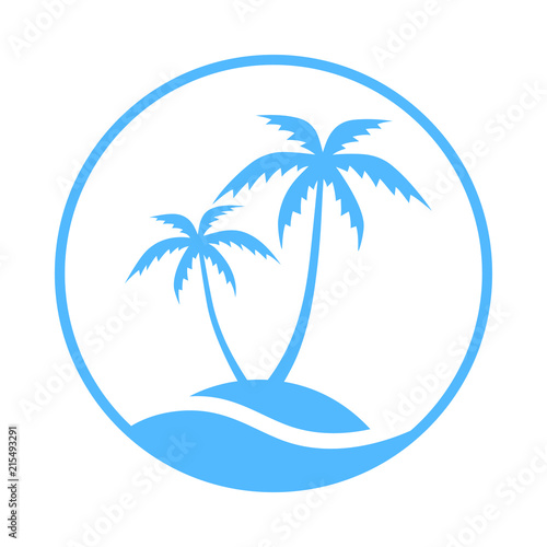 Resort logo with sea and coconut palms view. Icon tropical island. Vector illustration. 