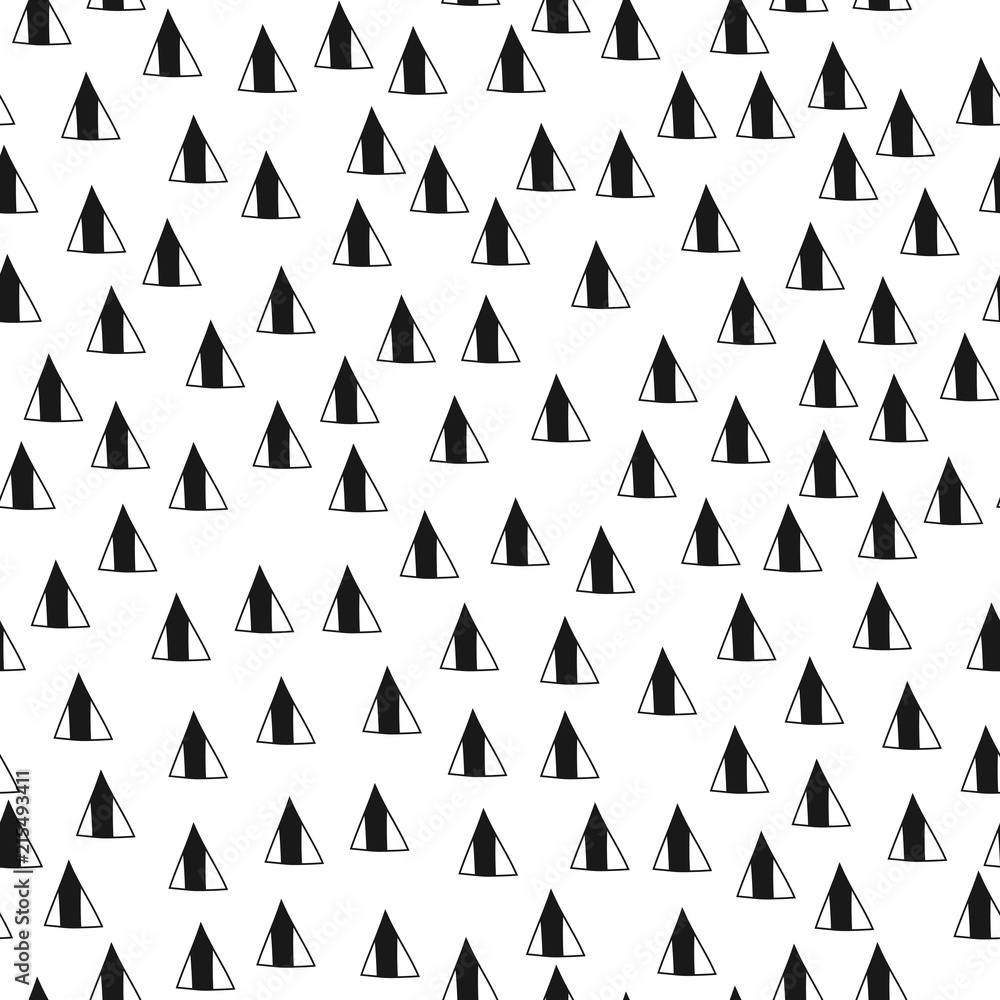 Triangles. Black and white seamless pattern. Geometric, abstract background for covers, textile. Doodle shapes.
