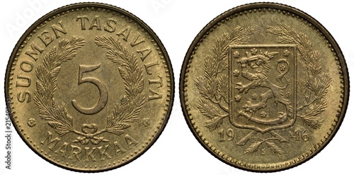 Bild auf Leinwand Finland Finnish Suomi coin 5 five markkaa 1946, first year after WWII, face valu