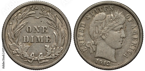 United States silver coin 1 one dime 1912, Barber dime, face value flanked by plants, Liberty head right, date below,