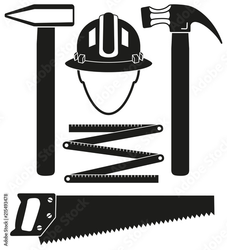 Black and white 5 handyman tools silhouette set
