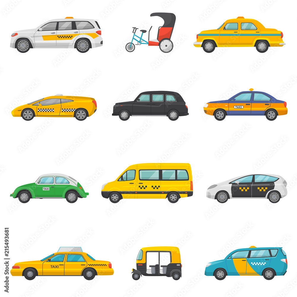 Taxi vector taxicab transport and yellow car transportation illustration set of city cab auto on taxi-rank and taxi driver in automobile isolated on white background