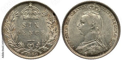 Great Britain British silver coin 6 six pence 1890, value flanked by laurel and oak branches, crown above, Queen Victoria bust left, 