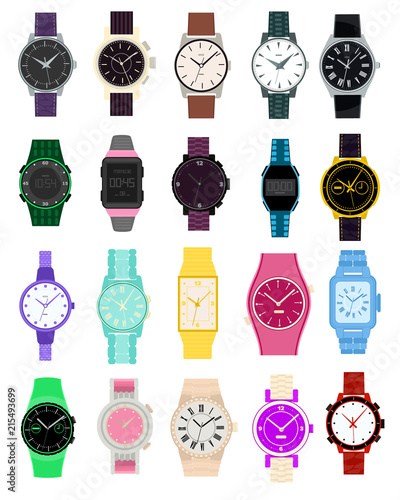 Watch vector wristwatch for businessman or fashion wrist clock with clockwork and clockface clocked in time with hour arrows illustration set of clocking alarm timer isolated on white background