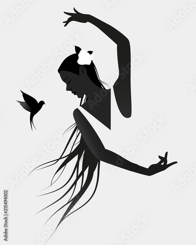 Silhouette of Spanish flamenco dancer wearing a flower in her long mane and flying swallow on white background