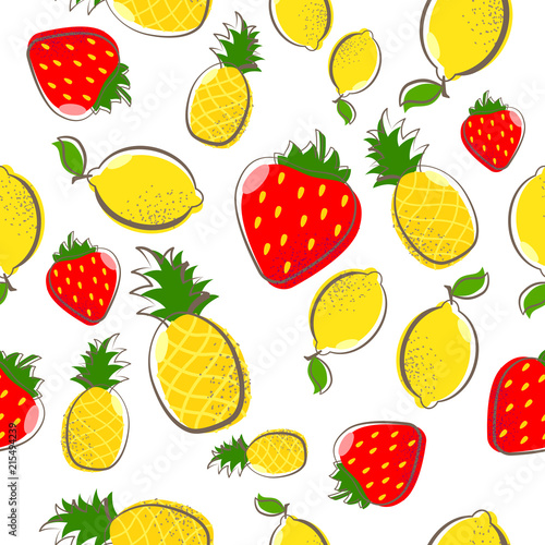 Fototapeta Naklejka Na Ścianę i Meble -  lemon pineapple strawberry fruit seamless pattern