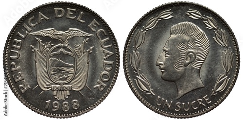Εκτύπωση καμβά Ecuador Ecuadorian coin 1 one sucre 1988, arms, oval shield with ship, mountain