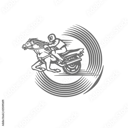  emblem with a rider on a horse, motorbike and inscription.