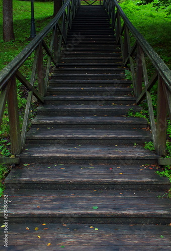 Wet staircase in forest. Outdoor dark wooden stair background