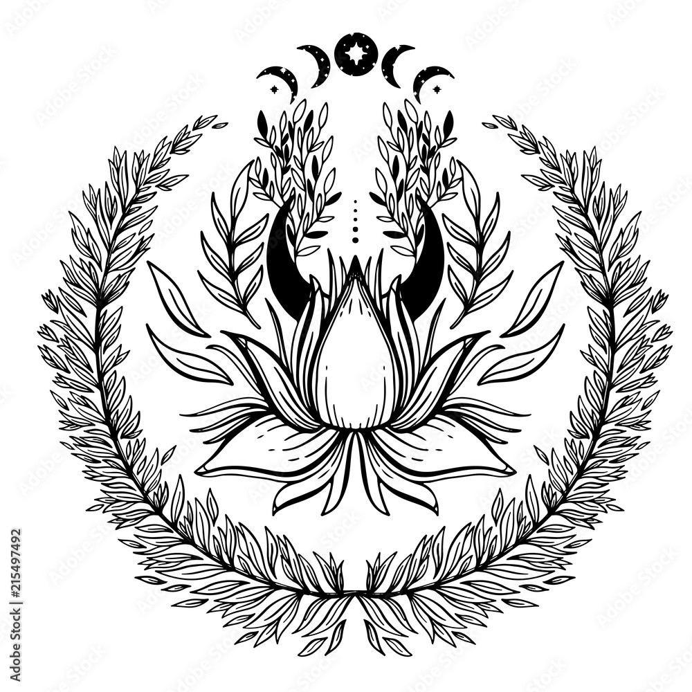 Sketch graphic illustration Beautiful lotus with Buddhism sign, spiritual sacred and occult hand drawn symbols. Vector illustration. Vintage boho style, yoga, india, sketch for tattoo. Sketch graphic illustration Beautiful lotus with Buddhism sign, spiritual sacred and occult hand drawn symbols. Vector illustration. Vintage boho style, yoga, india, sketch for tattoo.