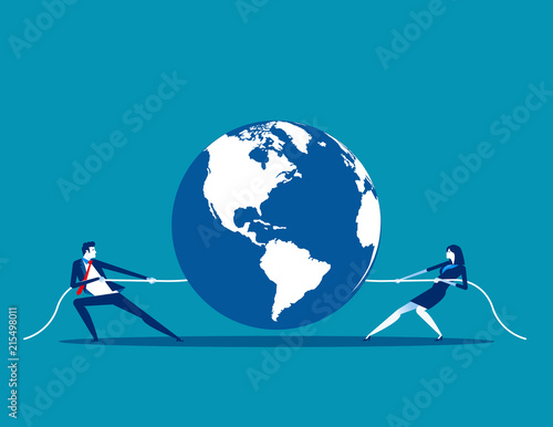 Global competition. Concept business vector illustration, Teamwork, Partnership, Tug War.