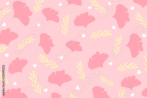 Cute botanics pattern with pink petal white heart and yellow leaf on pastel pink background in minimal abstract style look so sweet for wallpaper and all design. Concept about environment and plants.