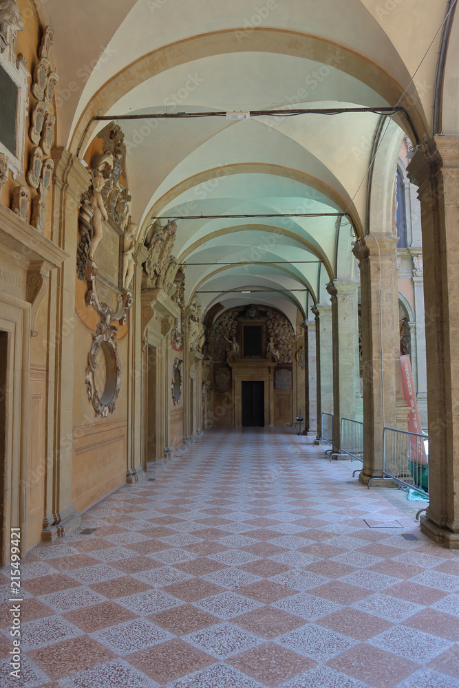 BOLOGNA, ITALY - MAY 20, 2018: The Palazzo of the Archiginnasio. The first permanent palace of the ancient University. Built in 1563
