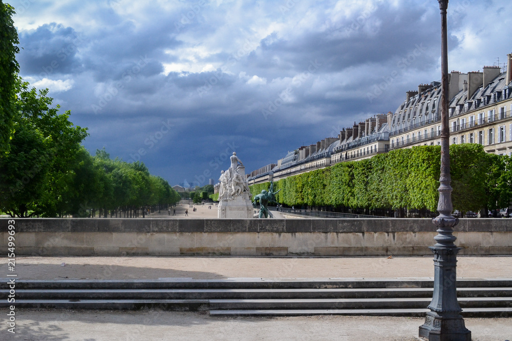 gloomy clouds over Paris. Cloudy stormy sky over the city. A storm warning