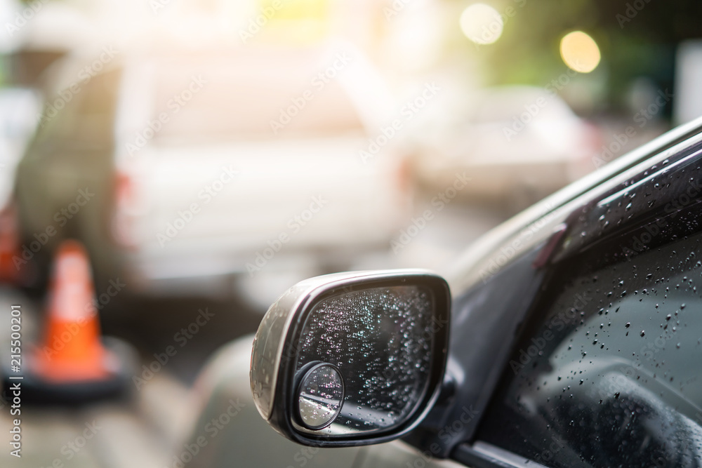 Road Car Rear View Mirror or Side Mirror Car after rain, Motion Blur Background (Vintage Style) Road Car Rear View Mirror or Side Mirror Car after rain, Motion Blur Background (Vintage Style)