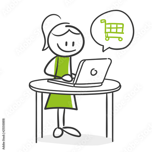 Stick Figure Series Green Woman / Frau kauft online ein