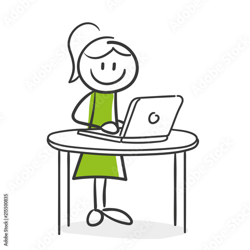Stick Figure Series Green Woman / Frau am Laptop
