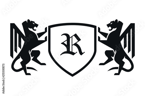 Two Lions Holding Shield with Crown and Banner