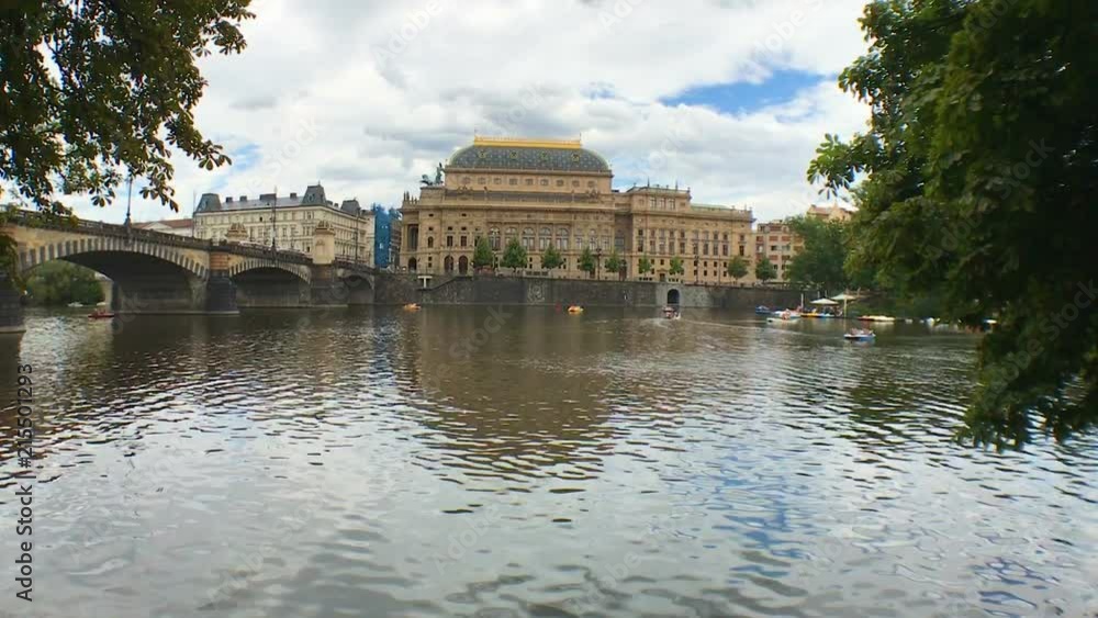 Opening tilting shot of old theatre from Vltava river, Prague, Czech Republic Opening tilting shot of old theatre from Vltava river, Prague, Czech Republic