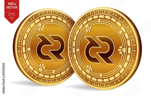 Decred. Crypto currency. 3D isometric Physical coins. Digital currency. Golden coins with Decred symbol isolated on white background. Block chain. Vector illustration.