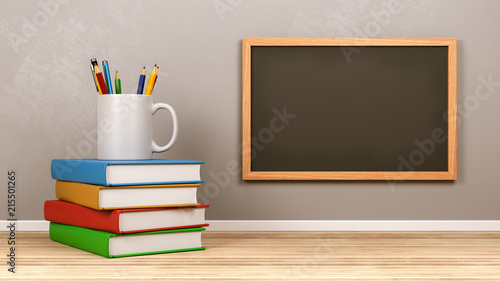 Blank Blackboard with Stack of Books and Stationery Supplies