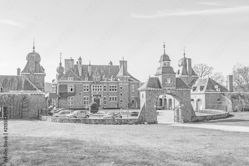 The Manor house of Lebioles, Manoir de Lebioles at Creppe, Spa, Belgium, black and white photography