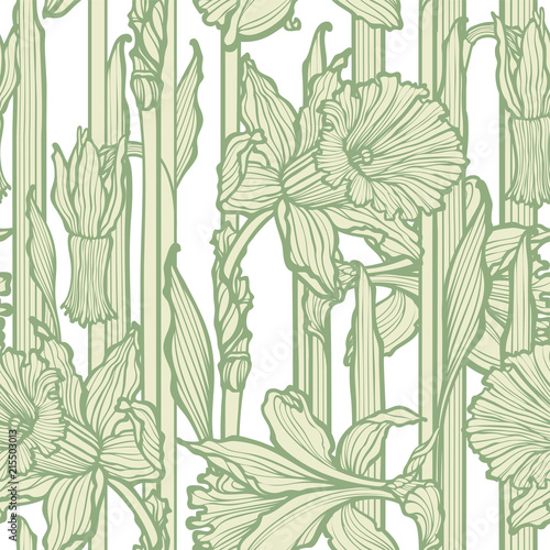 Seamless pattern with beautiful narcissus flowers in art nouveau style