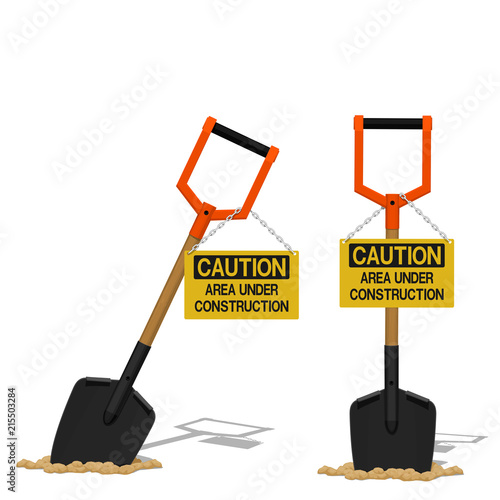 The shovel stab into the ground with the warning sign for the concept of under construction