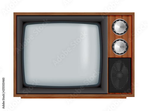 Old wooden television.Vector retro television mock up with transparent glass screen isolate on white background.