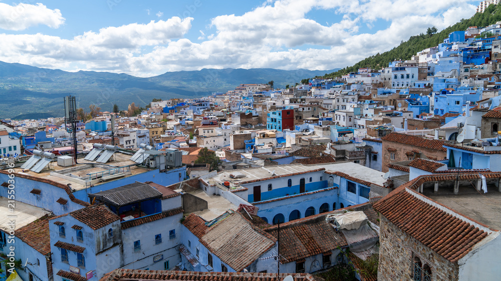 Chefchaouen panorama, blue city skyline on the hill, Morocco
