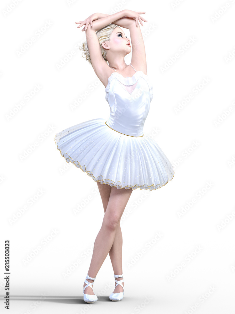 Naklejka premium Dancing ballerina 3D. White ballet tutu. Blonde girl with blue eyes. Ballet dancer. Studio photography. High key. Conceptual fashion art. Render realistic illustration. White background.