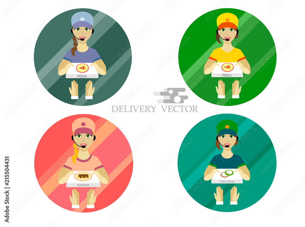Food Delivery Service. Girl deliverer in a flat style. Vector. 