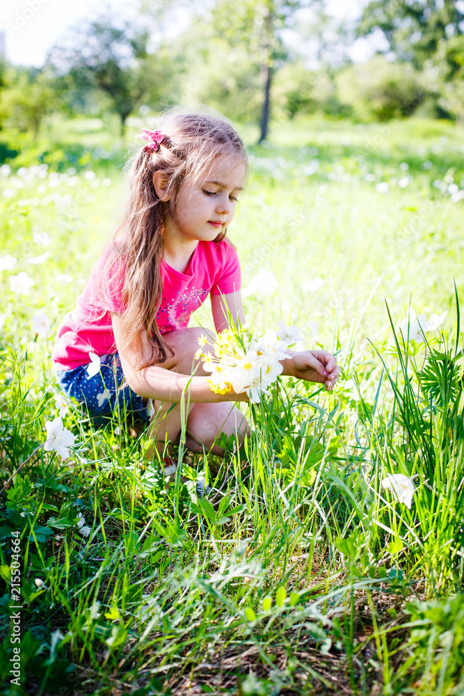 Fototapeta premium little girl in shorts and a T-shirt in a clearing in the summer with flowers