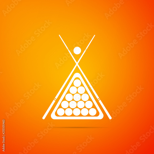 Billiard cue and balls in a rack triangle icon isolated on orange background. Flat design. Vector Illustration