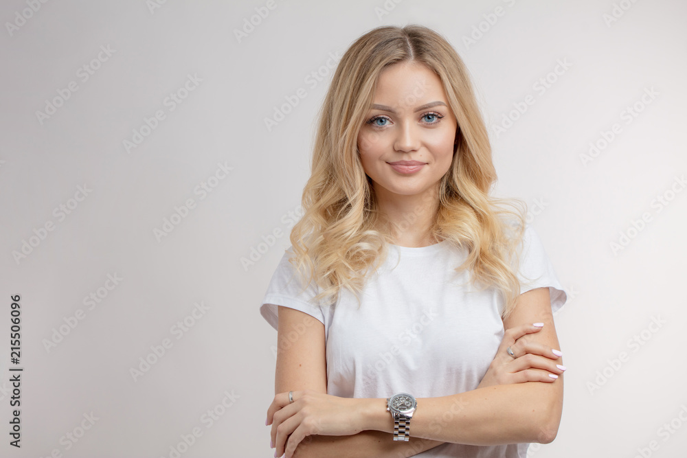 awesome charming blond model with pleasant smile. copy space. closeup photo. youth concept. isolated white background. studio shot. natural blonde awesome charming blond model with pleasant smile. copy space. closeup photo. youth concept. isolated white background. studio shot. natural blonde