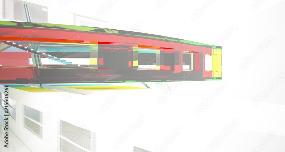 Fototapeta premium Streszczenie białe i kolorowe okulary gradientowe wnętrze wielopoziomowej przestrzeni publicznej z oknem. Ilustracja i renderowanie 3D.