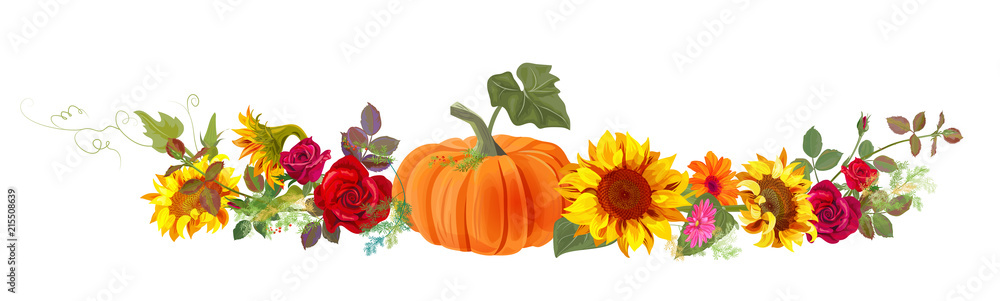 Horizontal autumn’s border: orange pumpkin, sunflowers, red roses, gerbera daisy flowers, small green twigs on white background. Digital draw, illustration in watercolor style, panoramic view, vector