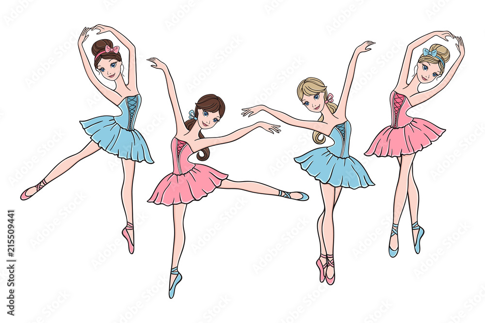 Naklejka premium Set of cute ballerinas in pink and blue tutu dresses