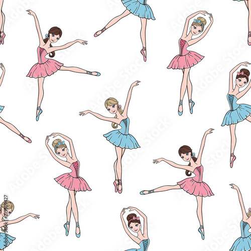 Ballet dance seamless pattern with cute ballerinas in tutu dresses