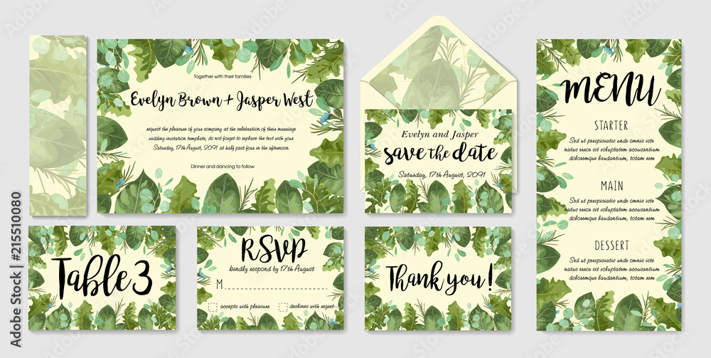 Foliage vector watercolor wedding invitation set, envelope, rsvp, table number, menu. Leaves of roses and eucalyptus, wax flowers. Summer design