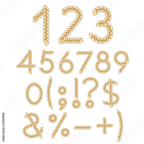 Numbers and signs of braids. Isolated vector objects on white background.
