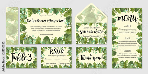 Foliage vector watercolor wedding invitation set, envelope, rsvp, table number, menu. Leaves of roses and eucalyptus, wax flowers. Summer design